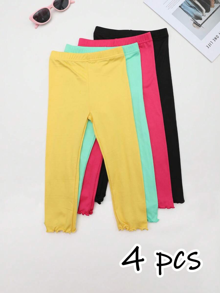 4 pares de mallas ajustadas con borde con volantes de unicolor suaves y amigables con la piel para bebés/niñas pequeñas, mallas de estiramiento de moda para niñas para usar en capas