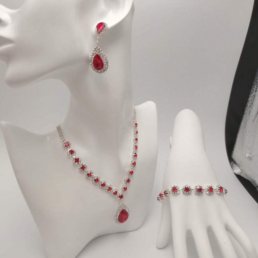 1 par de aretes + 1 collar + 1 pulsera Elegante juego de joyas chapado en plata con incrustaciones de piedras de imitación en múltiples colores para que elijas y combinar con tus atuendos diarios