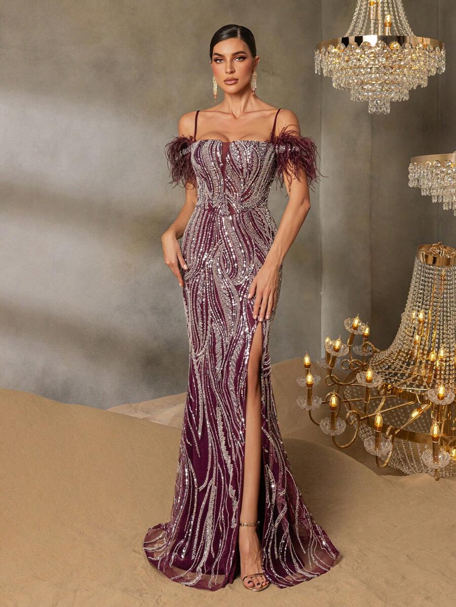 Faeriesty Faeriesty Elegant Off-Shoulder Mermaid Evening Gown - Sequin & Beaded Dress With Feather Embellished Shoulders, Cross Back Strap Detail & High Slit Fish Tail Skirt For Red Carpet Galas, Luxury Wedding Banquets, Elegance Events