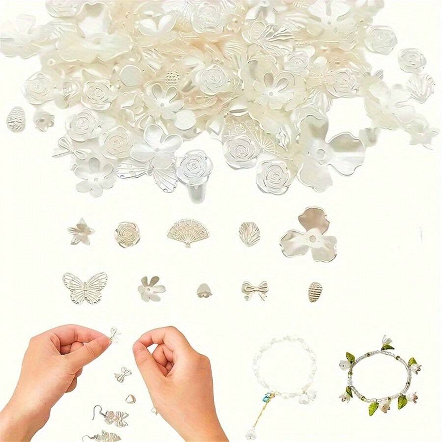 50g Cuentas grandes mixtas de 0.6-2.6cm de color beige perlado, cuentas redondas de flor y mariposa de acrílico que se pueden usar como cadenas de teléfonos móviles, collares, anillos, accesorios DIY y regalos