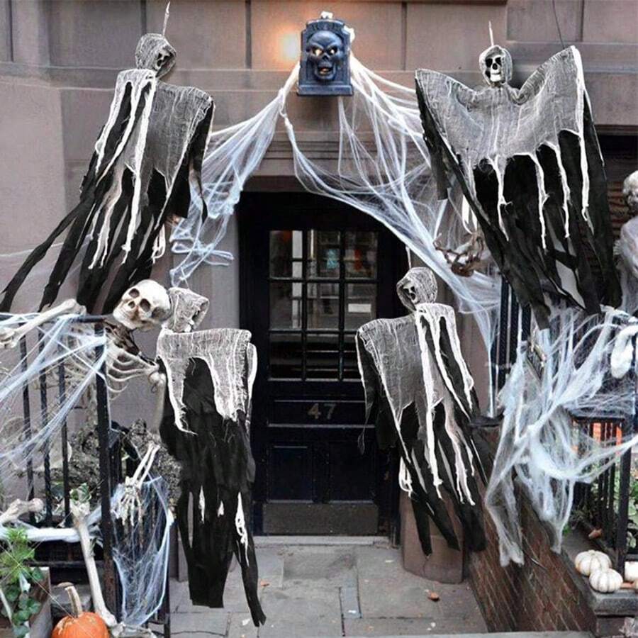 1 pieza Decoración colgante de cara de fantasma con cabeza de calavera de estilo gasa de Halloween, accesorio decorativo de cabeza de calavera espeluznante para puerta/entrada