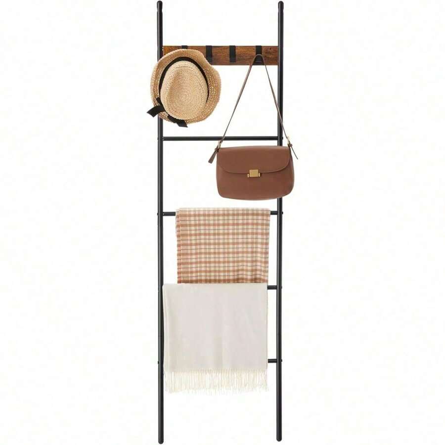 Blanket Ladder, 5-Tier Ladder Shelf, Decorative Ladder With 4 Removable Hooks, Metal Frame, Industrial Style, Rustic