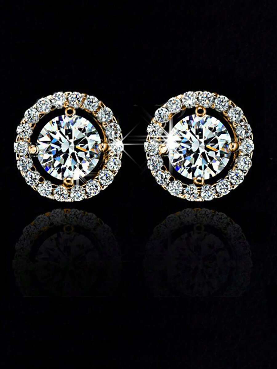 1 Pair Luxury Classic Round Micropave White Cubic Zirconia Stud Earrings, Women's Chic Jewelry
