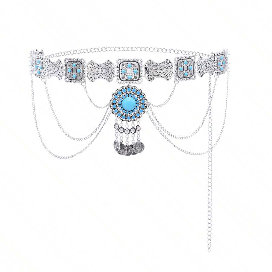 1 pieza Nueva llegada Cadena para la cintura de falso turquesa, decoración vintage con monedas y flecos para la cintura, joyería corporal bohemia para la playa