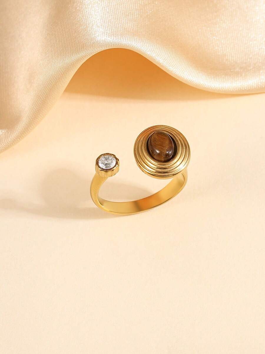 1 Stück Edelstahl Vintage goldfarben offener Ring mit braunem Edelstein, geeignet für den täglichen Gebrauch von Frauen oder als Geschenk