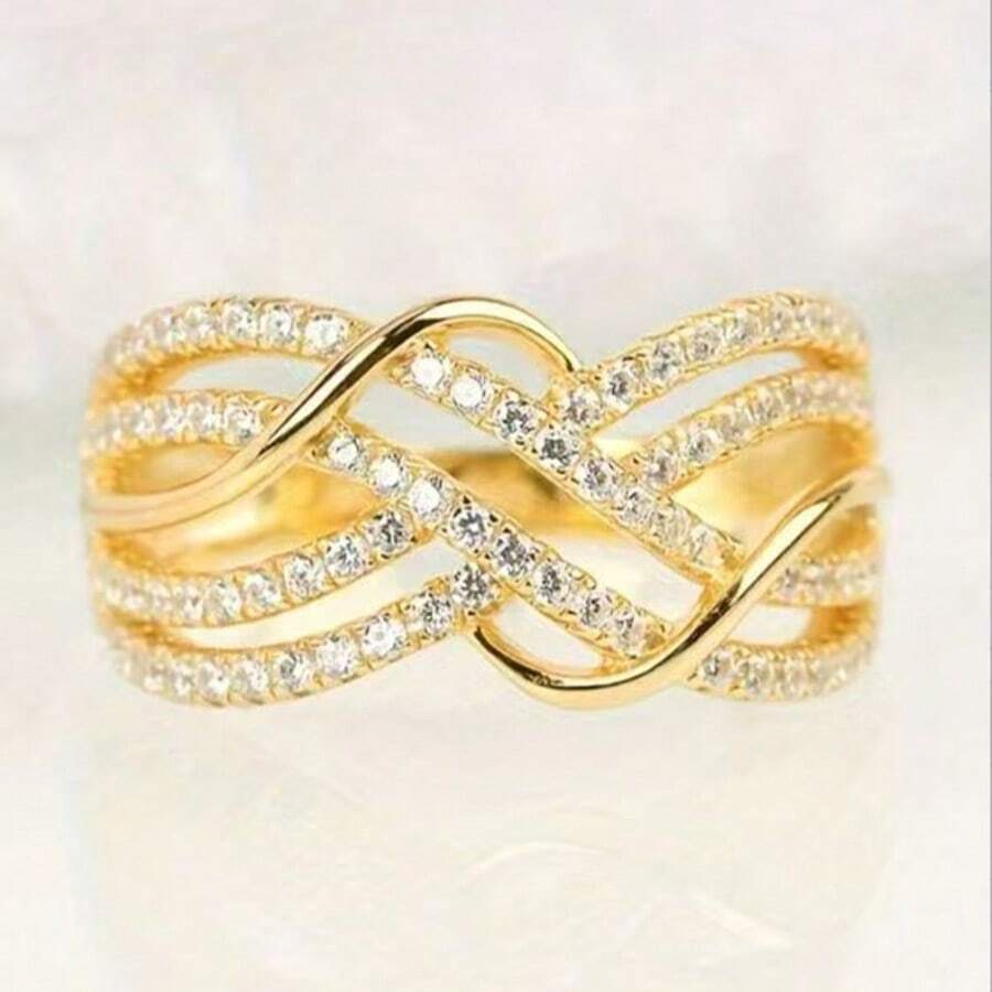 Anillo de lujo con diseño de línea ondulada y multicapa, anillo hueco personalizado único para fiestas para mujeres