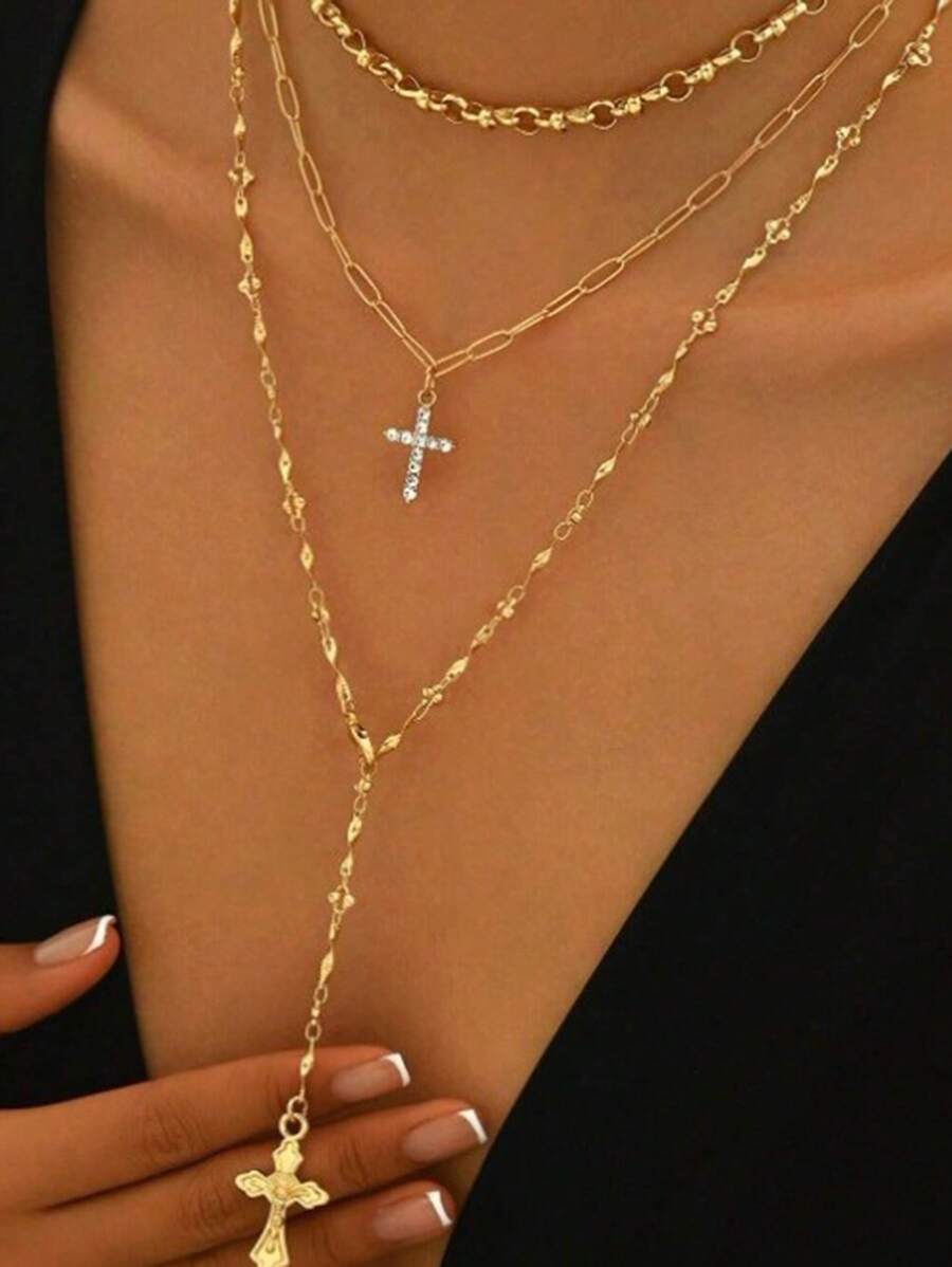 3 Stücke/Set handgemachter Ketten-Goldschloss-Schlüsselbein-Halsketten-Set, modisches einfaches Kreuz-Anhänger-Halskette, Y-förmige Halskette für Frauen, geeignet für den täglichen Gebrauch, Dates, Urlaubsgeschenke