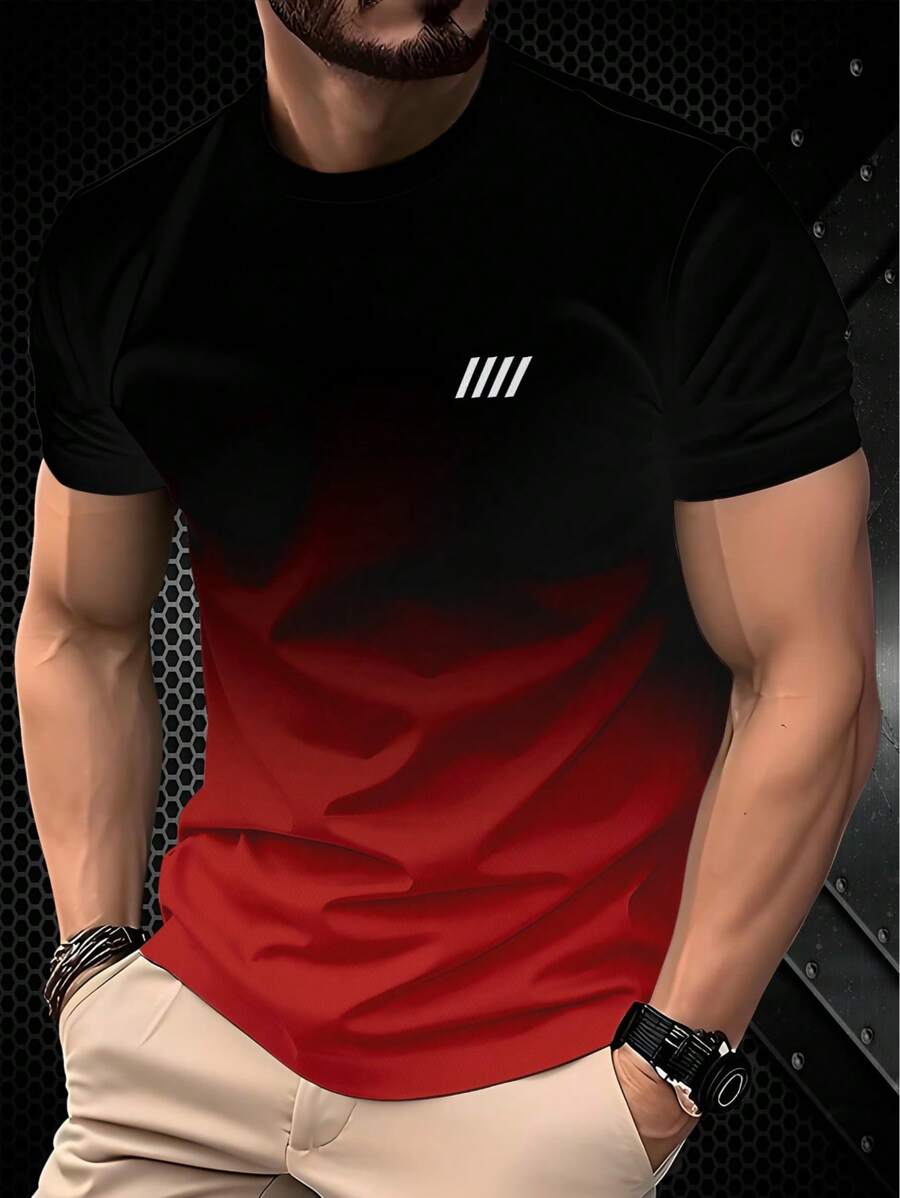 Men's Casual Black & Grey Ombre Short Sleeve T-Shirt With Minimalist 4-Stripe Print, Breathable