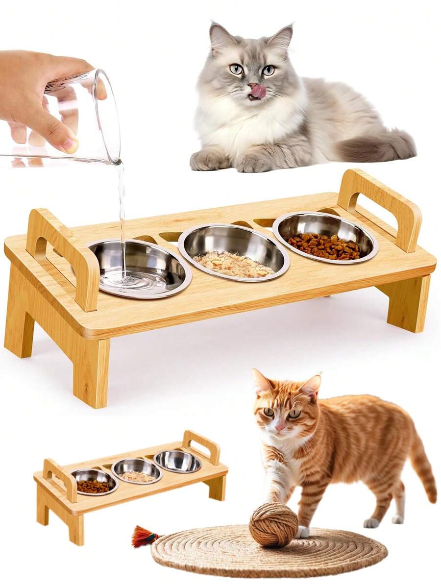 Elevated Cat Food Bowl, 3 Stainless Steel Raised Cat Bowls With Stand, 15°Tilted Cat Bowl For Indoor Cats Feeding, Cat Food And Water Bowl Set, Anti Vomitting, Whisker Fatigue Pet Supplies Pet Bowl Feeder