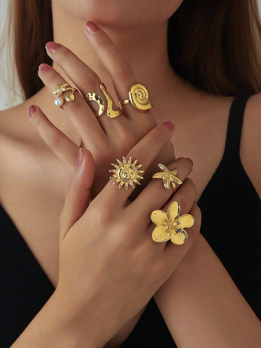 6pcs Fashionable & Unique Sun, Flower, Geometric Multi-Element Metal Design Open Rings Set For Women, Suitable For Outfits, Everyday Wear, Jewelry Accessory