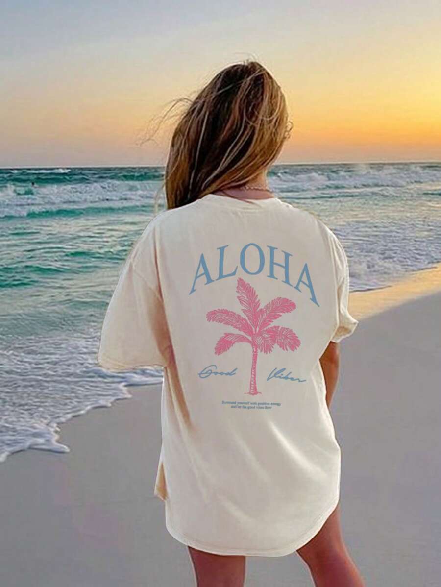 Ladies' Spring And Summer New Palm Tree Slogan Print Daily Casual Round Neck Short Sleeved T-Shirt Fashionable Vacation Style, Your Daily Necessity. Graphic Tees Women White Top Black Top Pink Top Vacation Outfits Women
