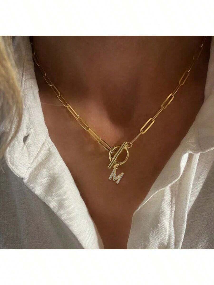 1pc Custom Gold Letter Necklace, Toggle Clasp Design, Sparkling Rhinestone Studded Initial Pendant, Unique Personalized Jewelry To Elevate Your Look, Perfect For Layering