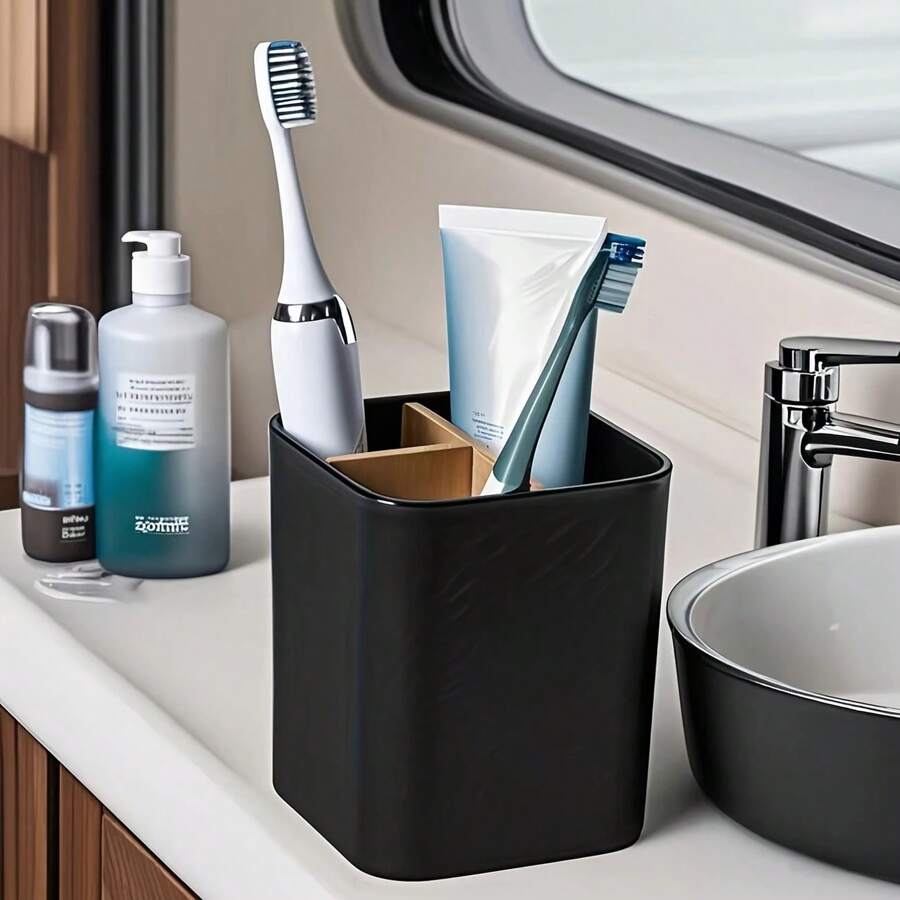 1PC Bamboo Toothbrush Holder For Bathrooms, Tooth Brush Holder With 4 Slots Bathroom Vanity Organizer Countertop For Electric Toothbrushes, Toothpaste, Razors Back To School