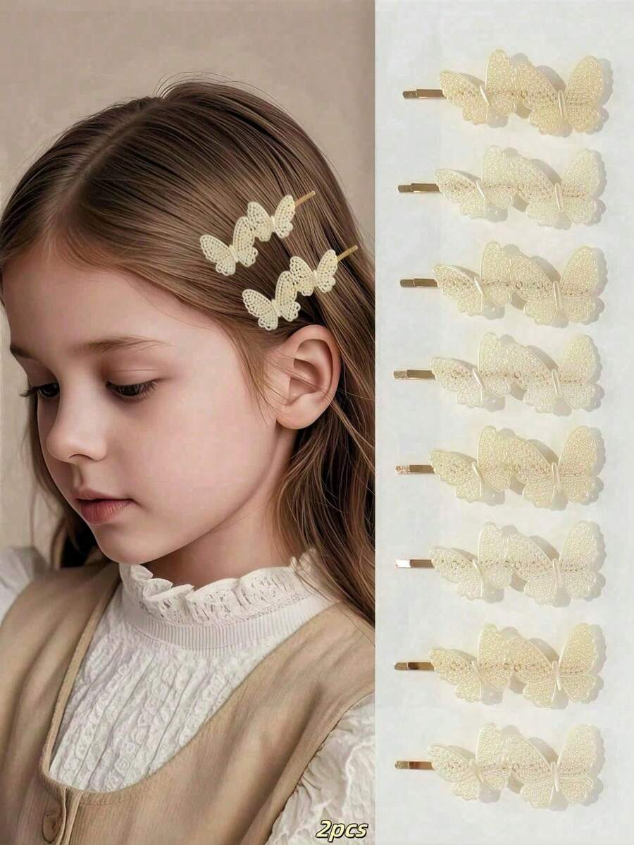 2pcs/Set Girls Delicate Versatile Hair Accessories Pearl Combination Hollow Butterfly Side Bangs Hair Clip Decor