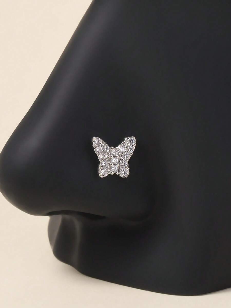 1 pieza Anillo para la nariz en forma de mariposa de acero inoxidable 316 con rhinestones, joyería para mujer