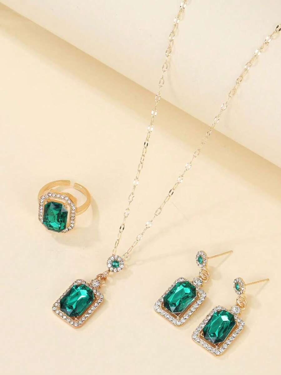 Set de 4 piezas de aretes de botón cuadrados elegantes con cristales de circonita cúbica, collar, aretes, anillo (sin caja de regalo)