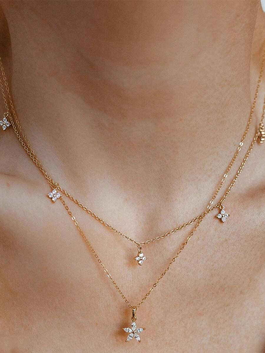 1pc Fashionable Elegant Minimalist Versatile Floral Rhinestone Inlay Five Petal Flower & Four Leaf Clover Tassel Multi-Layer Necklace, Suitable For Banquet, Party, Gift For Ladies