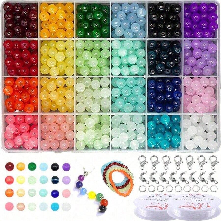 50piezas/384piezas/624piezas Cuentas de vidrio de 8mm para hacer joyas, 24 colores aleatorios Cuentas de de 8mm imitación jade, kit para hacer pulseras con anillo de salto, cierre mosquetón, hilo elástico para hacer pulseras, collares, pendientes, joyas y manualidades como regalo.