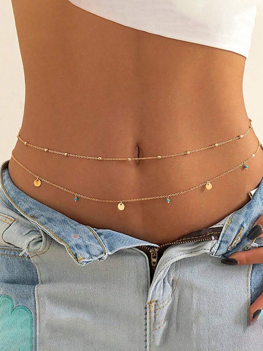 2 Stücke Sommer Türkis runde Taillen Kette, Metall Bikini mehrschichtige Taille und Bauchkette, Damenschmuck, sexy Strand Perlen Körperkette (Handgefertigte Kettenlänge und Perlenanzahl können variieren)