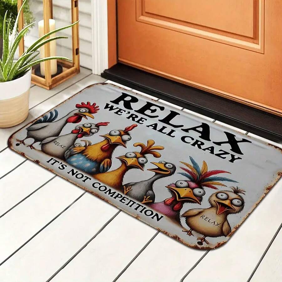 1pc Rubber Doormat, Vintage Quirky Metal Style Doormat Featuring A Flock Of Odd Chickens With "We're All Mad Here" Text, Non-Slip Indoor Mat For Front Door, Bathroom, Garden, Kitchen And Bedroom
