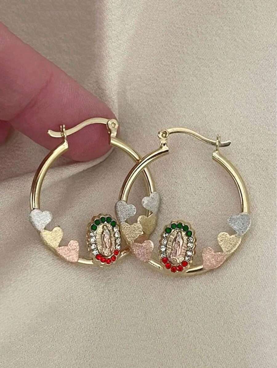 2 peças Brincos de Argola Dourados com Formato de Coração Minimalista da Virgem Maria, Incrustação de Cubic Zircônia, Adequados para Uso Diário das Mulheres e Presentes de Feriado