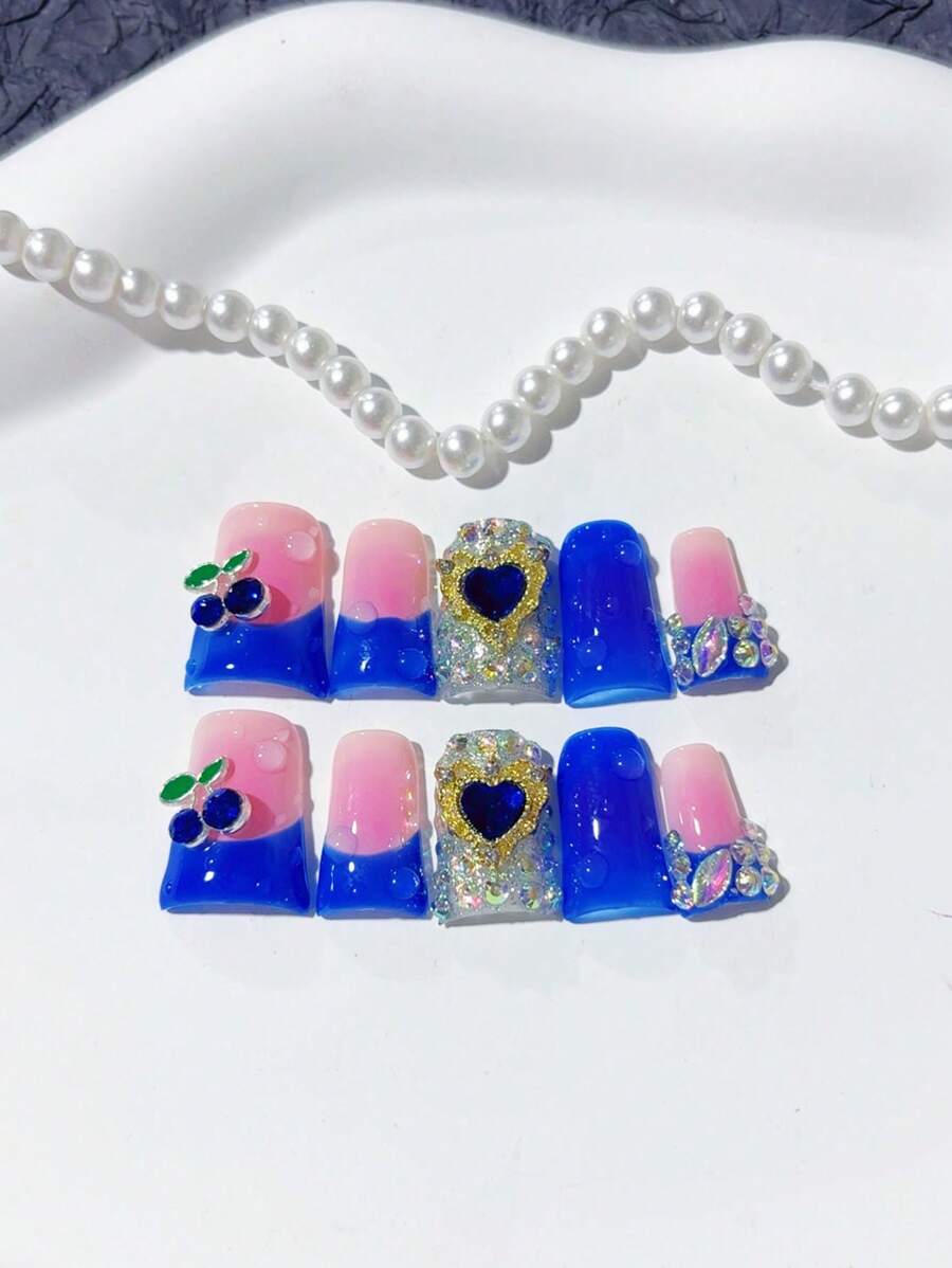 "10pcs Handmade Duckbill Blue French Myriad Nail Set With Cherry Heart Rhinestones & Glitter For Women – Perfect For Daily Wear And Parties, Includes 2 Tools"