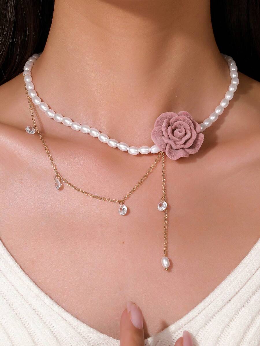 1pc Elegant Faux Pearl, Cubic Zirconia Flower & Bow Design Necklace, Suitable For Women's Daily Wear, Weddings, Engagements, Parties, Gift