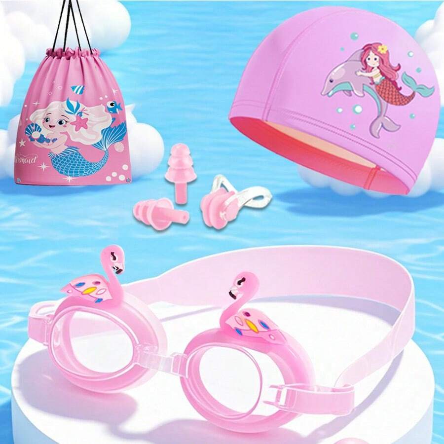 1 Set Cartoon Design Swimming Goggles, Beach Bag, Nose Clip, Ear Plugs, Swim Cap, Swimming Accessories Set