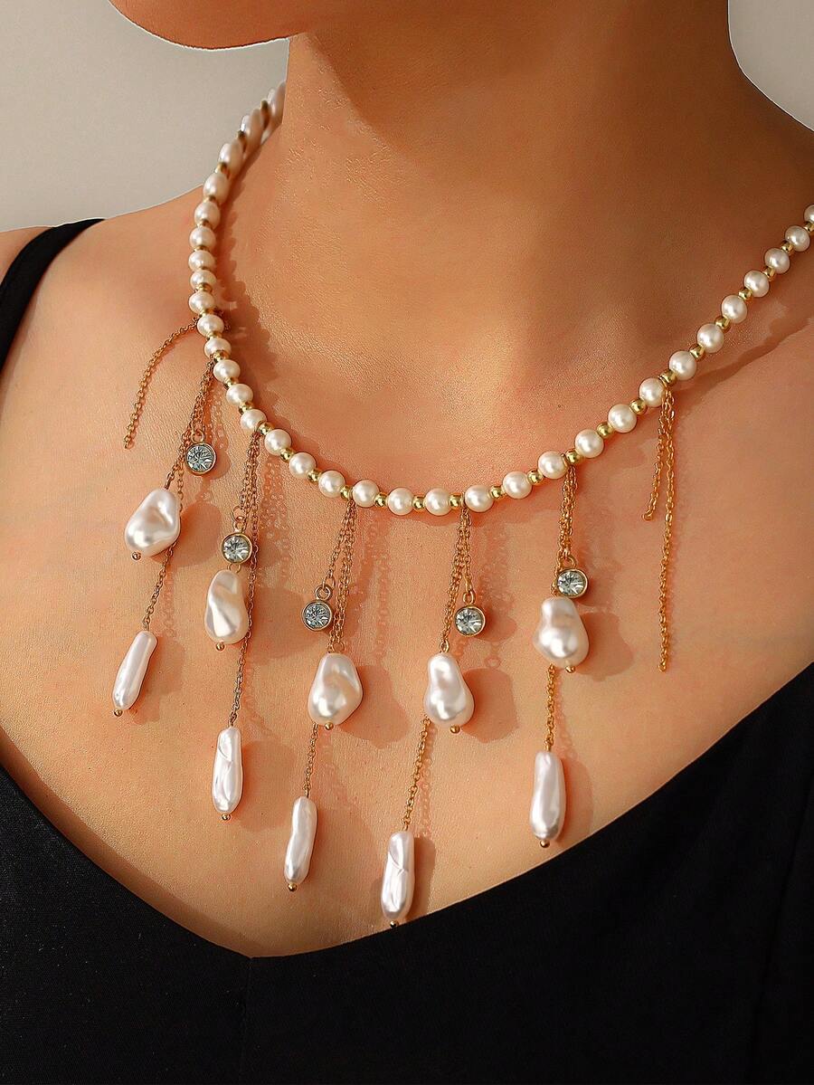 1pc New Bohemian Faux Pearl Chain Tassel Necklace, Personalized Seaside Resort Wear For Women (Shipped Without Box)
