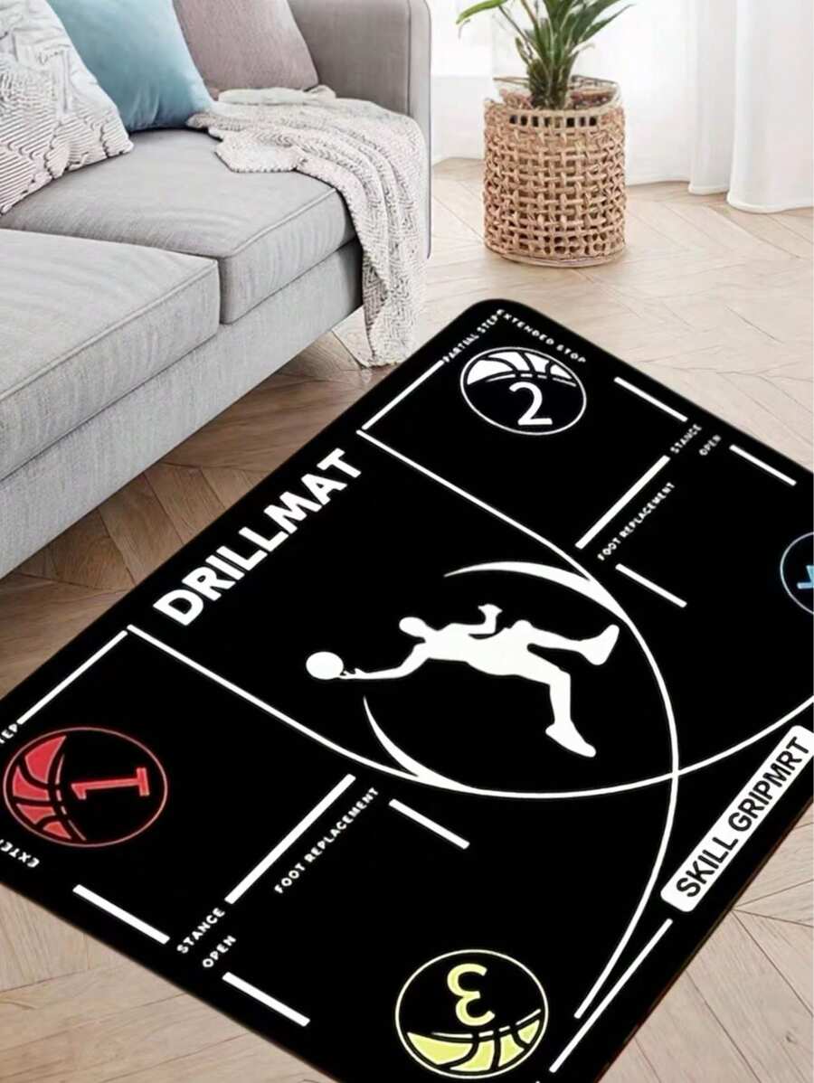 1 pièce Tapis d'entraînement de basketball - noir avec un design de terrain blanc et rouge. Excellent pour le salon, la chambre à coucher ou la décoration de la salle de gym à la maison. Équipement d'entraînement de basketball durable. Tapis de salon, tapis de sol, tapis de sol de salon, petit tapis de sol, tapis, décoration intérieure, grand tapis de salon