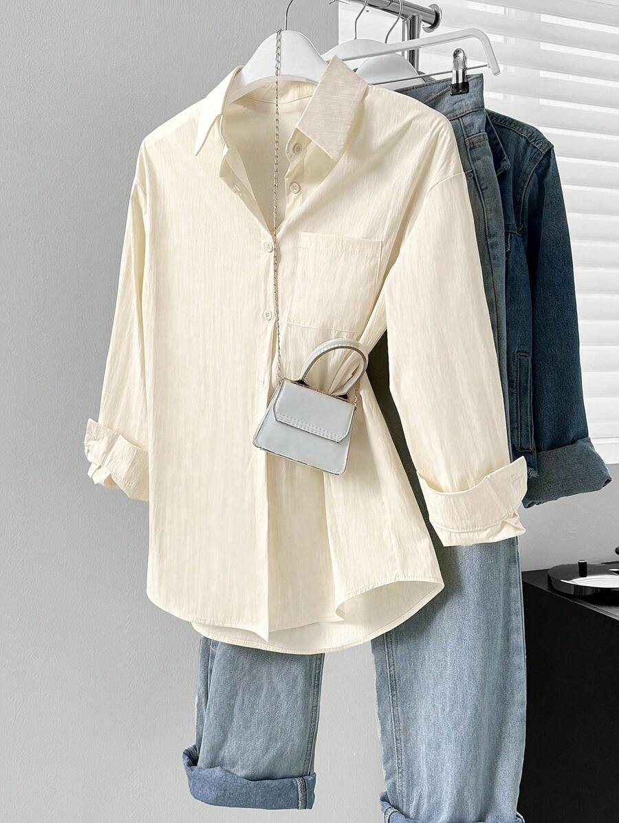 Camicia elegante con bottoni e tasche, a tinta unita, con colletto alla moda, maniche lunghe, camicia casual per primavera e autunno, abbigliamento autunnale da donna