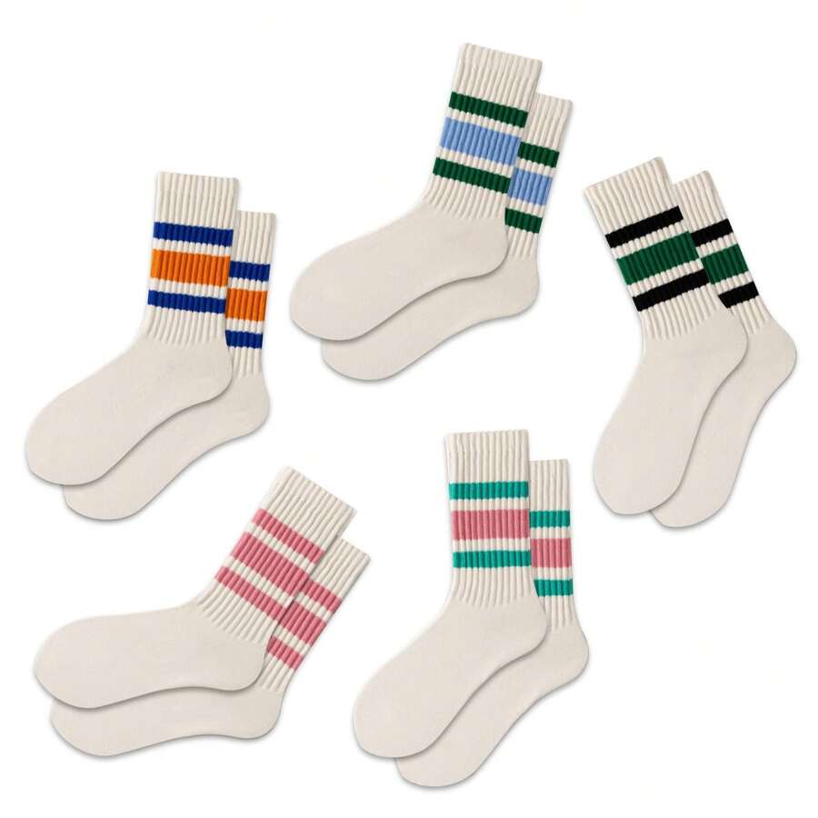 1 par/5 pares de calcetines a rayas de color de dopamina, para uso doméstico, fitness, transpirables y que absorben la humedad, calcetines largos de tubo para mujeres, aptos para todas las estaciones