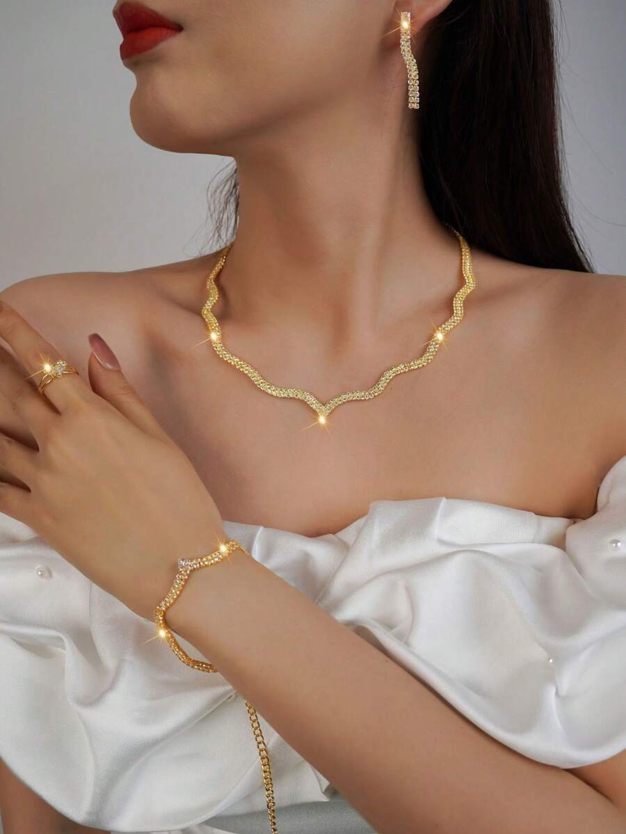 Set de Joyería de 5 piezas con forma de ola de circonita cúbica de lujo, incluyendo aretes, anillo, pulsera y collar, adecuado para bodas, galas, celebraciones, fiestas y cumpleaños