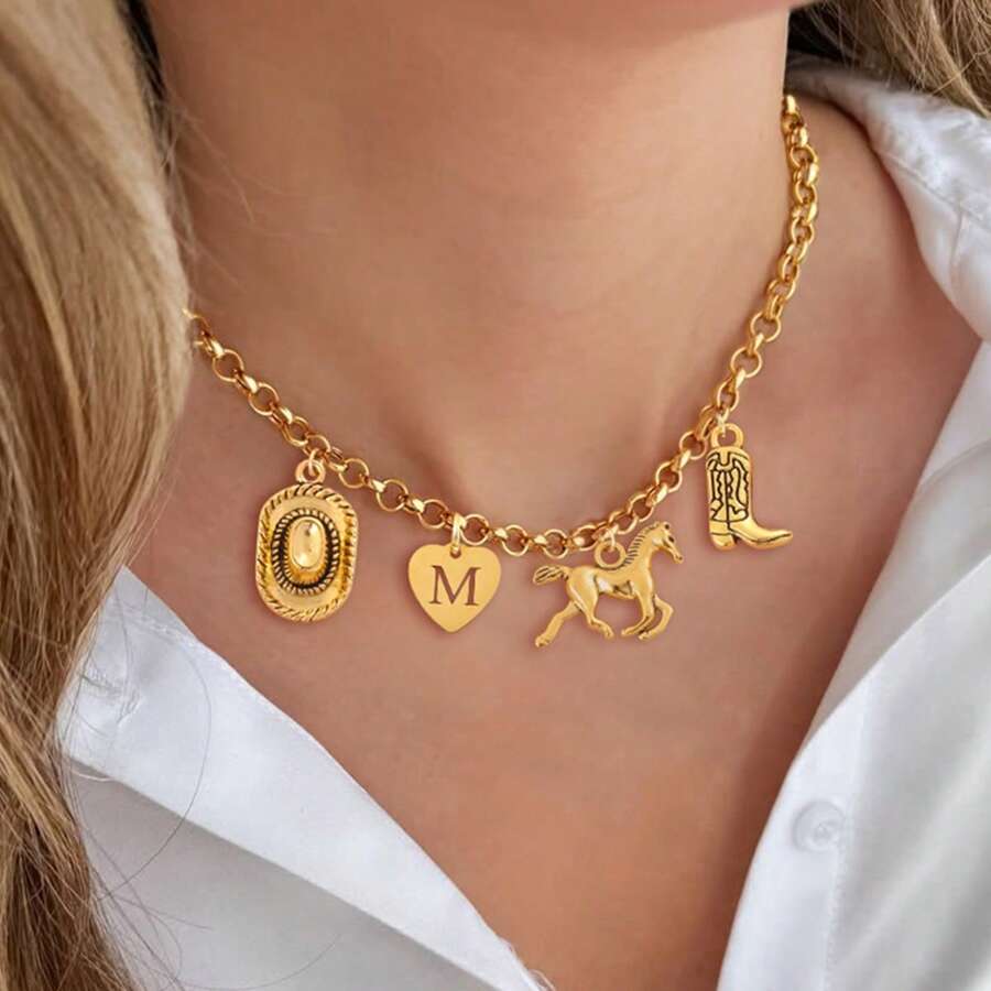 1 pieza Nuevo collar de mujer de moda con dije de bota de vaquero occidental, corazón hueco, inicial, colgante y hebilla de presión en acero inoxidable dorado