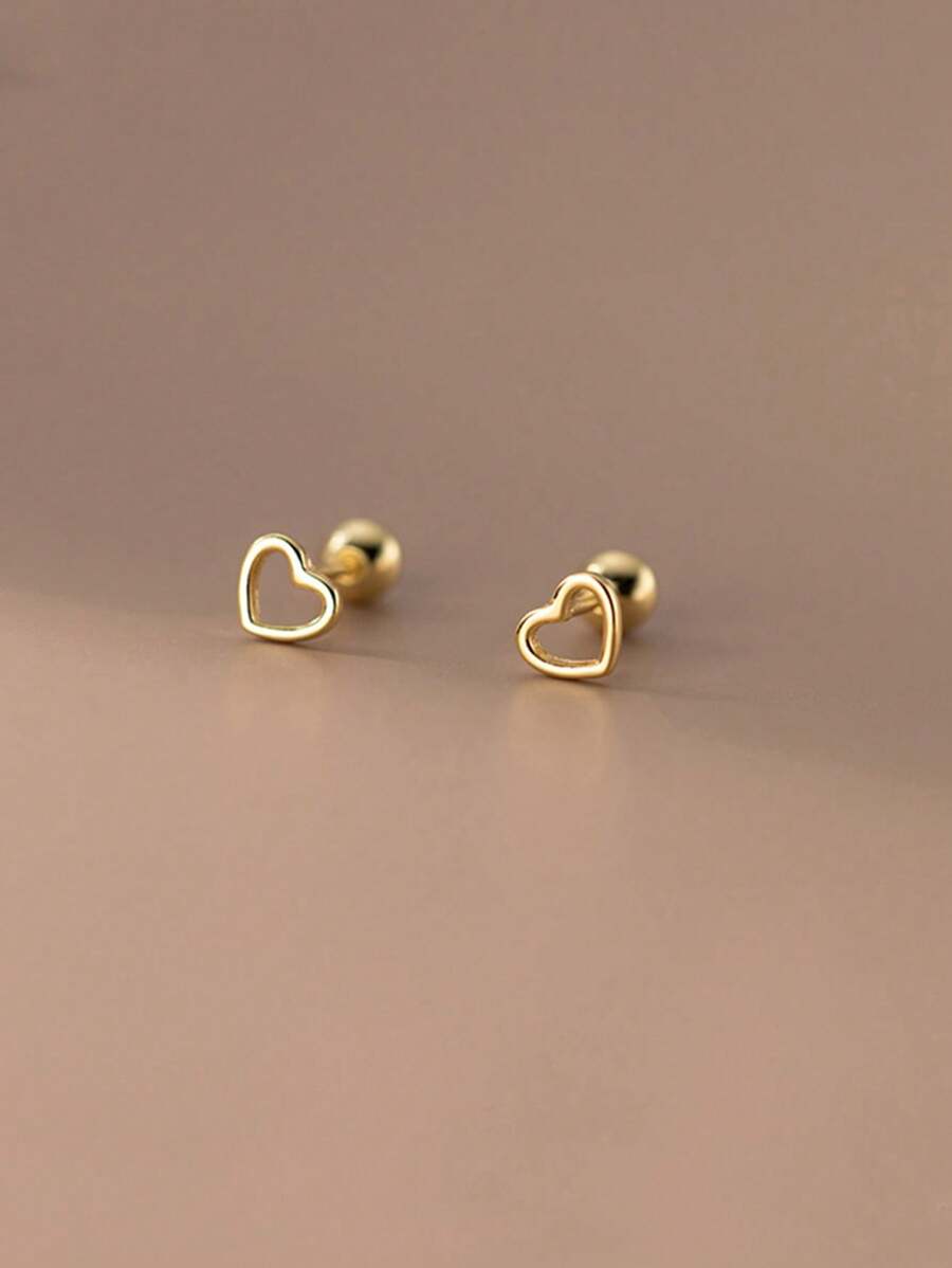 1 par de aretes de botón con forma de corazón hueco, aretes para cartílago con cierre de rosca