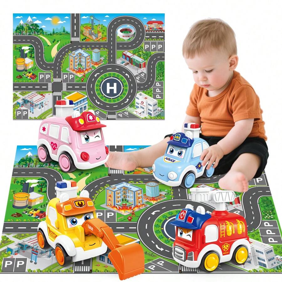 Juguete de coches para bebés de 3 años, coches de retroceso, juguete de empujar y avanzar para bebés, regalo de primer cumpleaños, vehículos a fricción con estera, juego de juguetes de vehículos a presión con diseños de dibujos animados, regalos