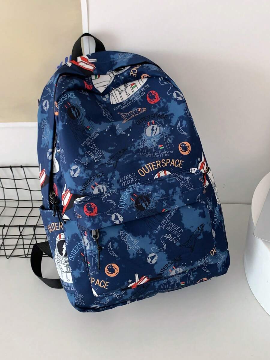 Casual Large Capacity Astronaut & Letter Print Multi-Pocket Functional Backpack, Unisex College Style Student Bookbag, Suitable For School, Study, Shopping, Travel, Back To School Season