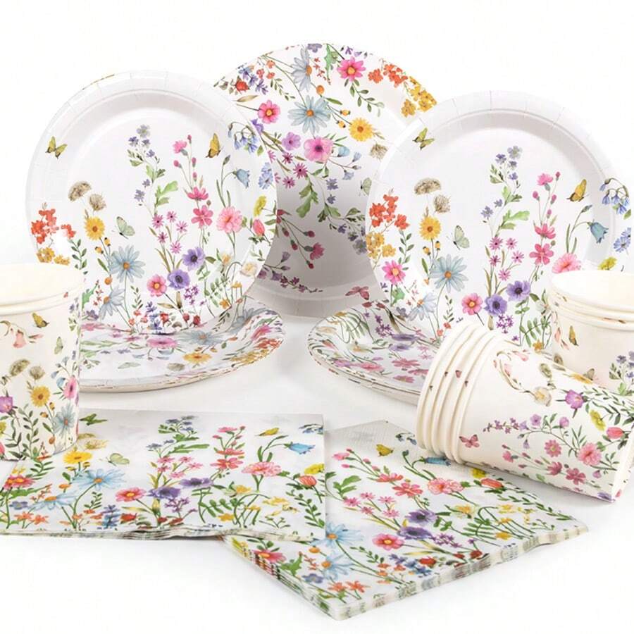 80pcs/120ocs Floral-Themed Cutlery Set, Disposable Cutlery Set, Party Cutlery Set, Wedding Cutlery, Birthday Cutlery, Party Decorations, Disposable Plates, Plates, Paper Cups And Napkins, Meet 20/30 Guests, Table Decorations, Ambience, Party Supplies