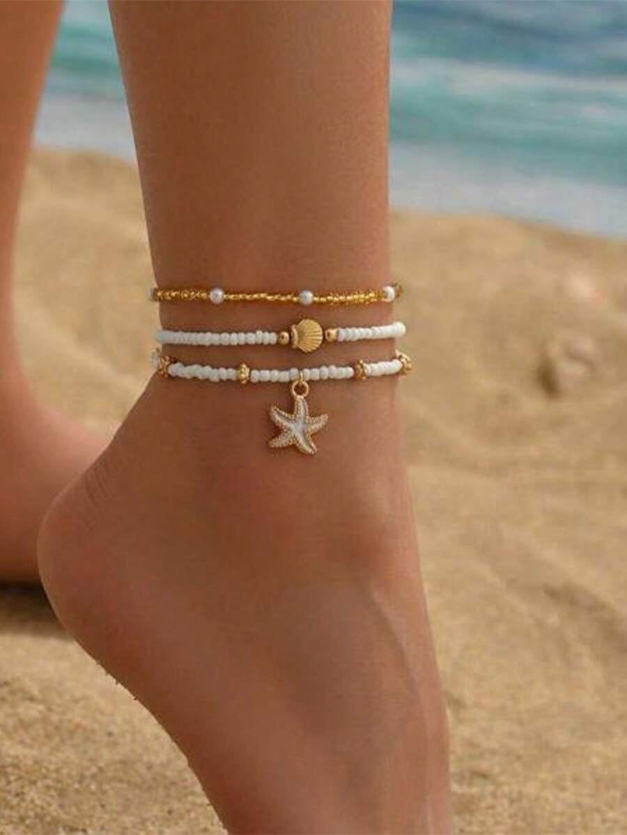 Set aus 3 einfachen weißen Reisperlen-Kunstperle-Muschelanklets für Damen, geeignet für den täglichen Gebrauch und Urlaubsreisen