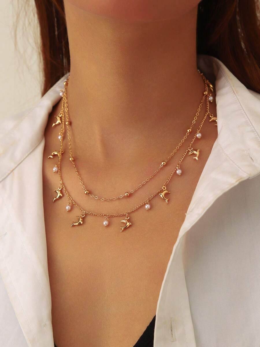 1pc Women's Fashionable Minimalist Necklace With Dolphin Pendant And Faux Pearl Design, Suitable For Matching Outfits, Holiday Gifts, Everyday Wear