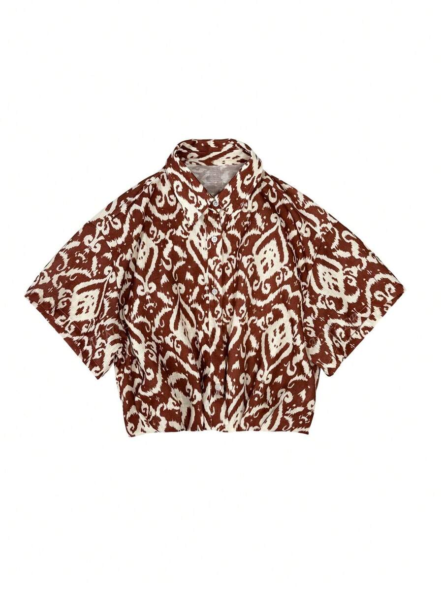 Women's Fashionable Loose Fit Turndown Collar Printed Short Sleeve Shirt, Summer