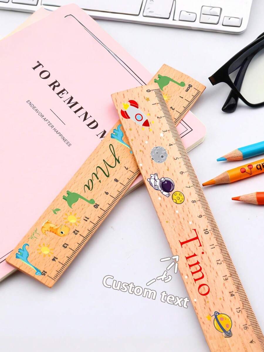 Personalised Wooden 's Ruler - 20 Cm Ruler With Name & Cute Motifs Such As Dino, Rainbow, Bear - Gift For School 2024 For Boys & Girls - School Cone Filling Idea, First Day Of School