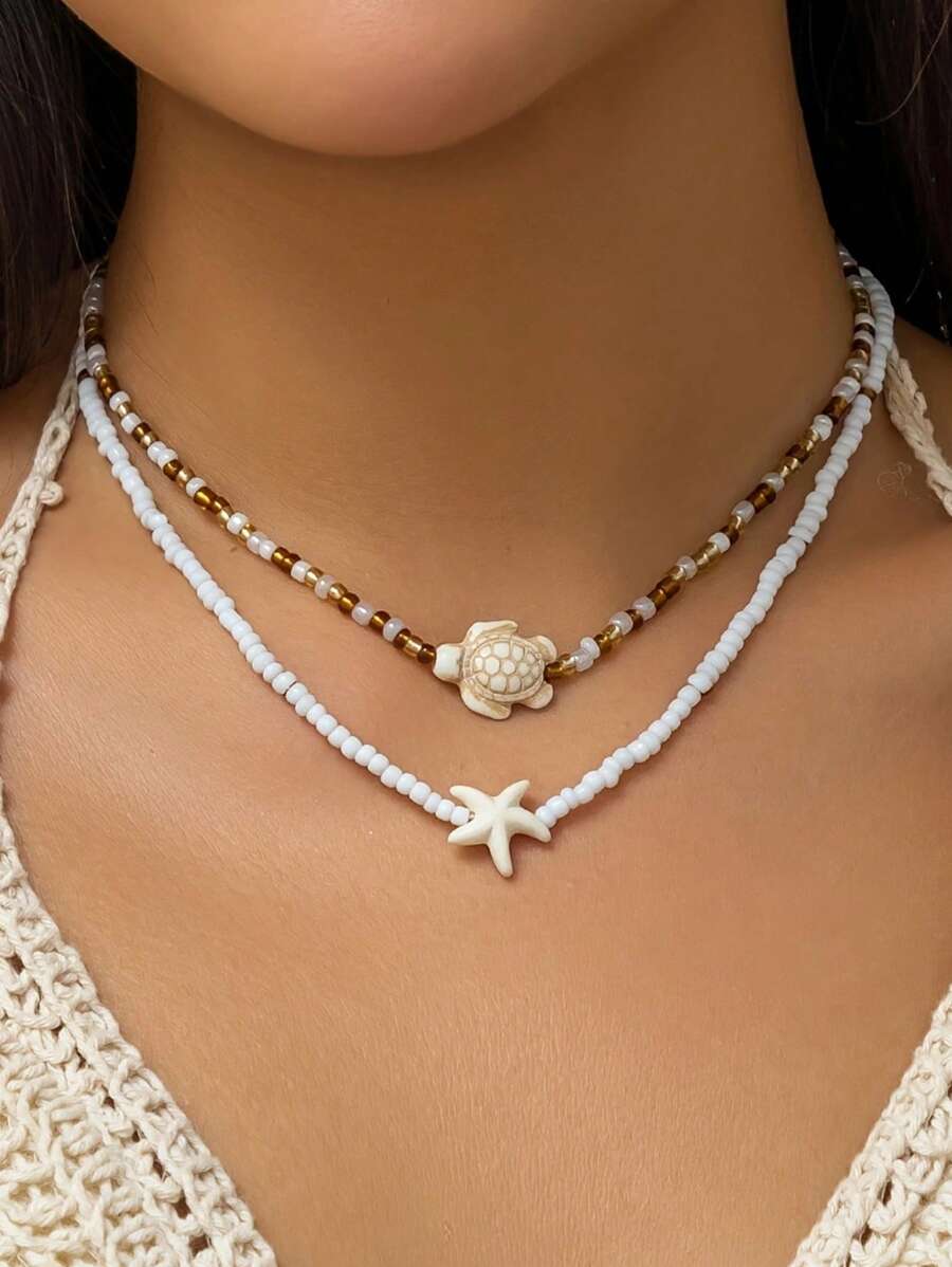2 piezas Collares con cuentas estilo bohemio con diseños de estrella de mar y tortuga, joyería de estilo vintage de playa y océano, adecuado para uso diario y viajes