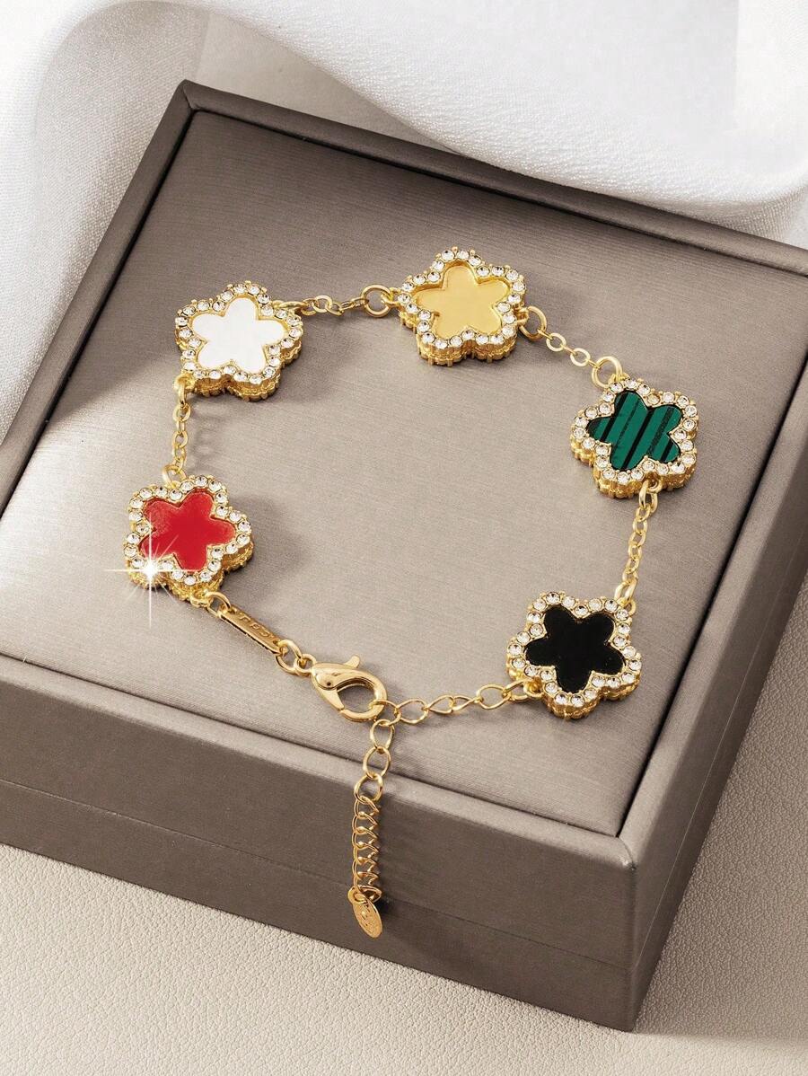 1 pulseira elegante com strass em formato de trevo para mulheres (sem caixa de presente)