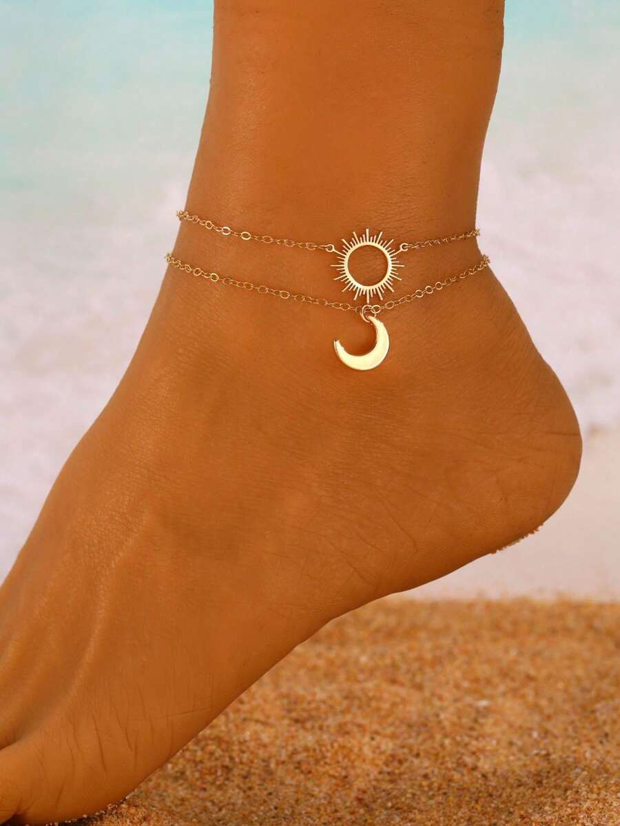 2 pezzi Cavigliere con motivo sole e luna per donna, accessori casual e alla moda da spiaggia, adatte per uso quotidiano e vacanze