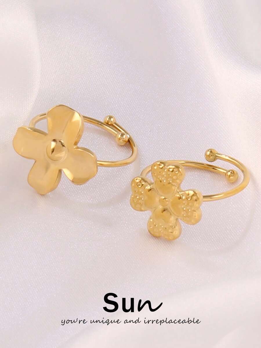 1 pieza Anillo abierto de trébol de cuatro hojas de acero inoxidable para mujeres, joyería impermeable con baño de oro de 18K y flor ajustable