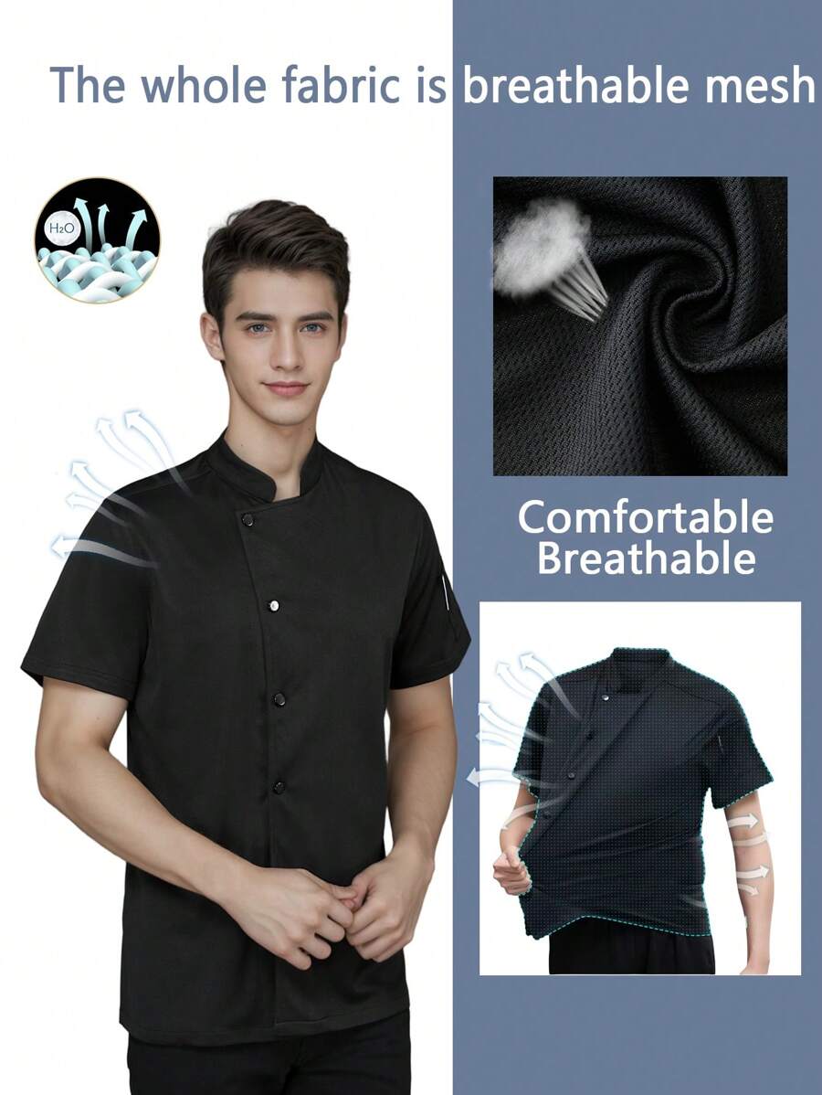 Uniforme de verano de manga corta para chef, diseño completamente transpirable de malla, agradable para la piel y sin sensación de ahogo, unisex, estilo clásico de solapa única, elegante y de moda, chaqueta de chef para catering, panadería, cocina de hotel, restaurante, cafetería, chaqueta de chef personalizada premium