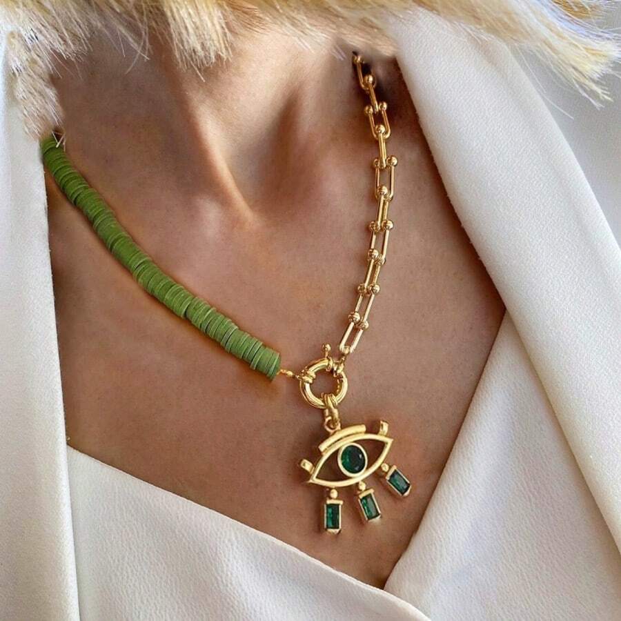Grüner weicher Ton mit goldfarbenem Anhänger in Herzform und bösen Blick, modisches und exquisites Perlen-Accessoire, Geburtstagsgeschenk, hochwertiger neuer Schmuck für Frauen