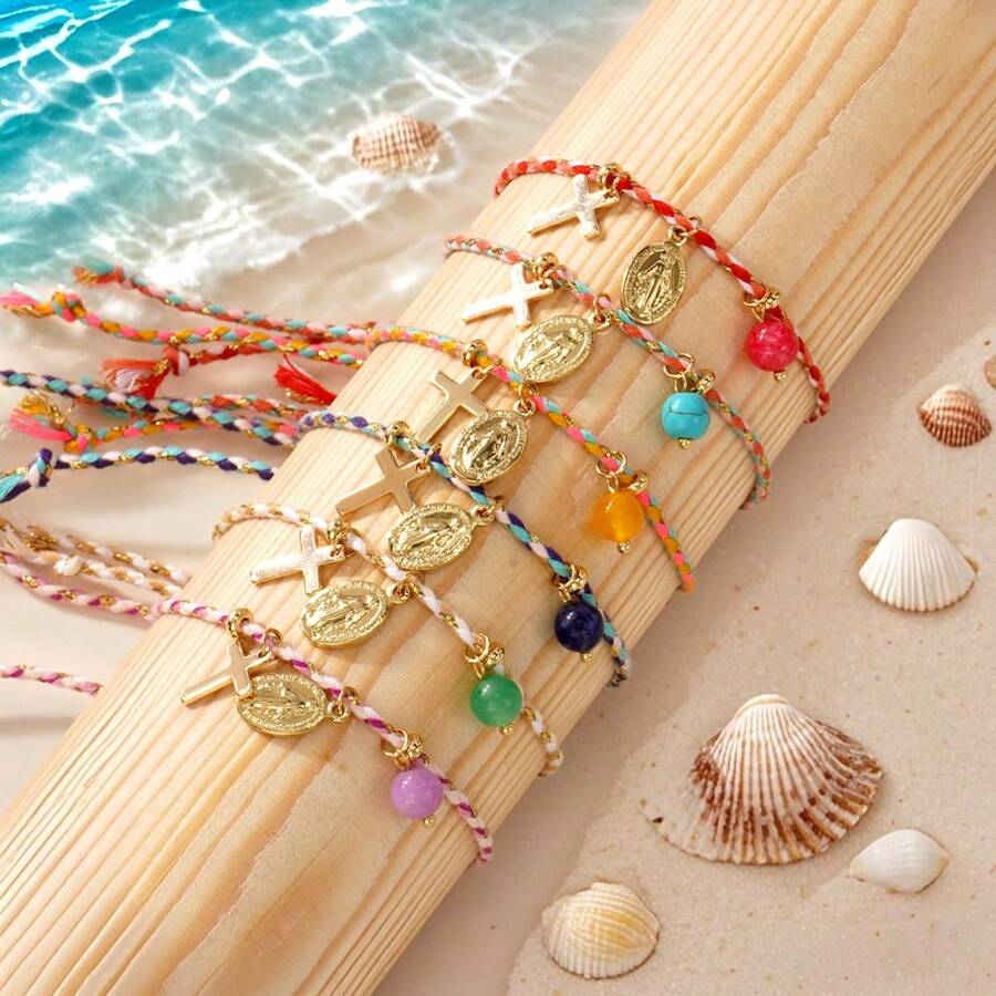 1pc Colorful Woven Religious Bohemian Style Beaded Bracelet Jewelry For Women, Summer Multi-Color Round Bead Accessories