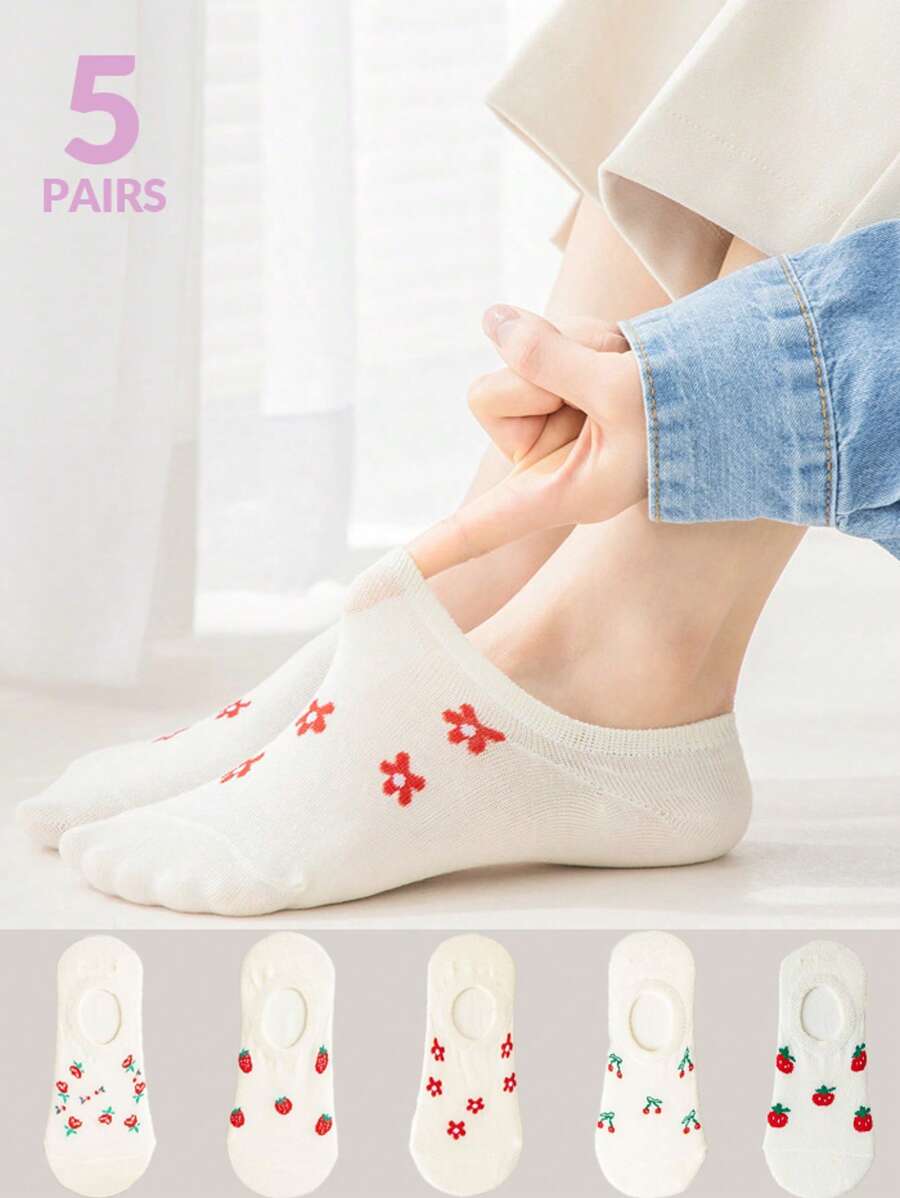 5/10 paires de chaussettes fines pour femmes au printemps et en été, chaussettes invisibles avec motifs de fruits de dessins animés, chaussettes basses blanches de type bateau, chaussettes à bouche peu profonde, chaussettes fines d'été à bouche peu profonde et invisibles de type bateau, chaussettes courtes